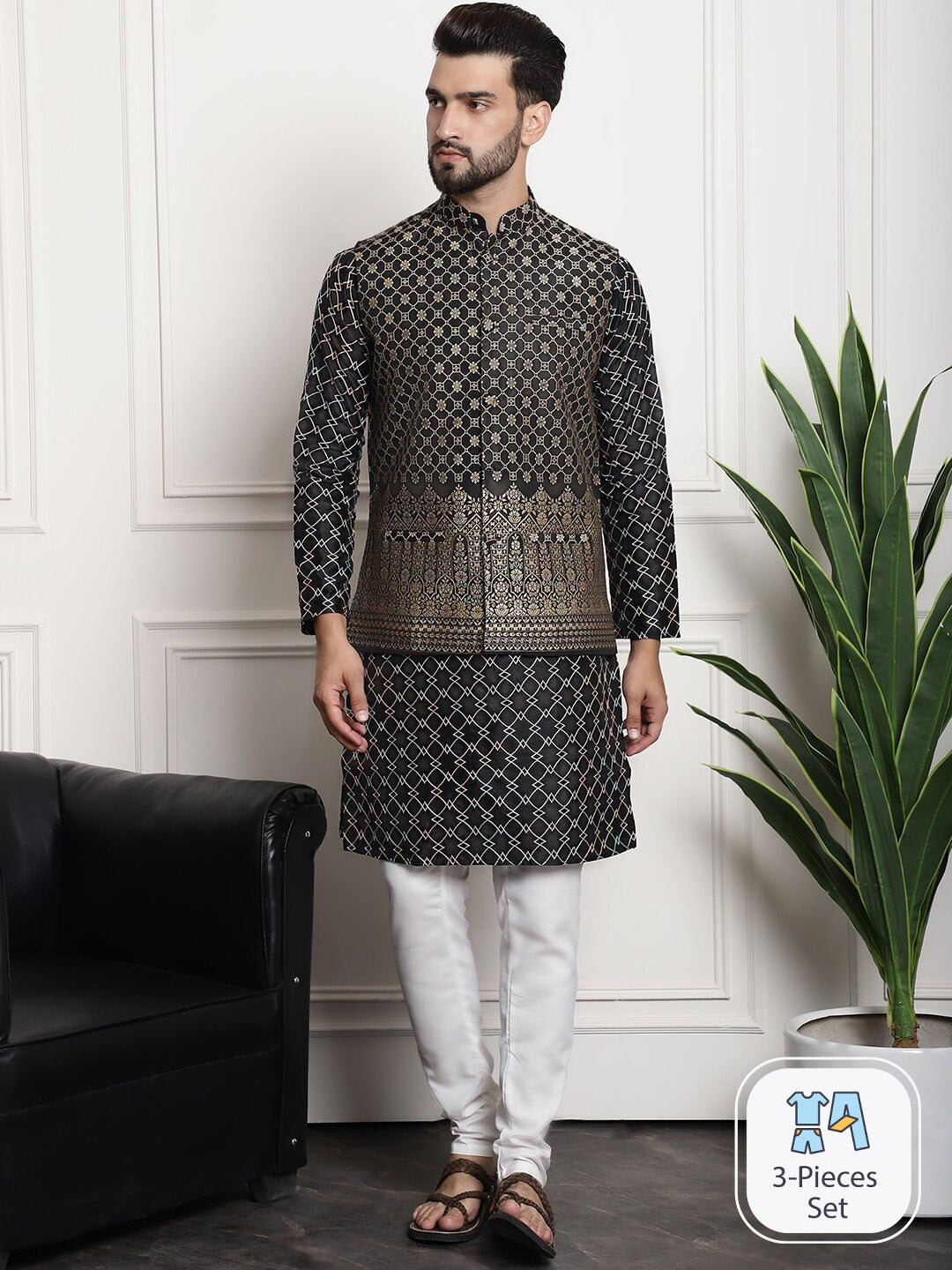 Sojanya Ethnic Motifs Woven Design Embroidered Straight Kurta & Churidar With Nehru Jacket - Distacart