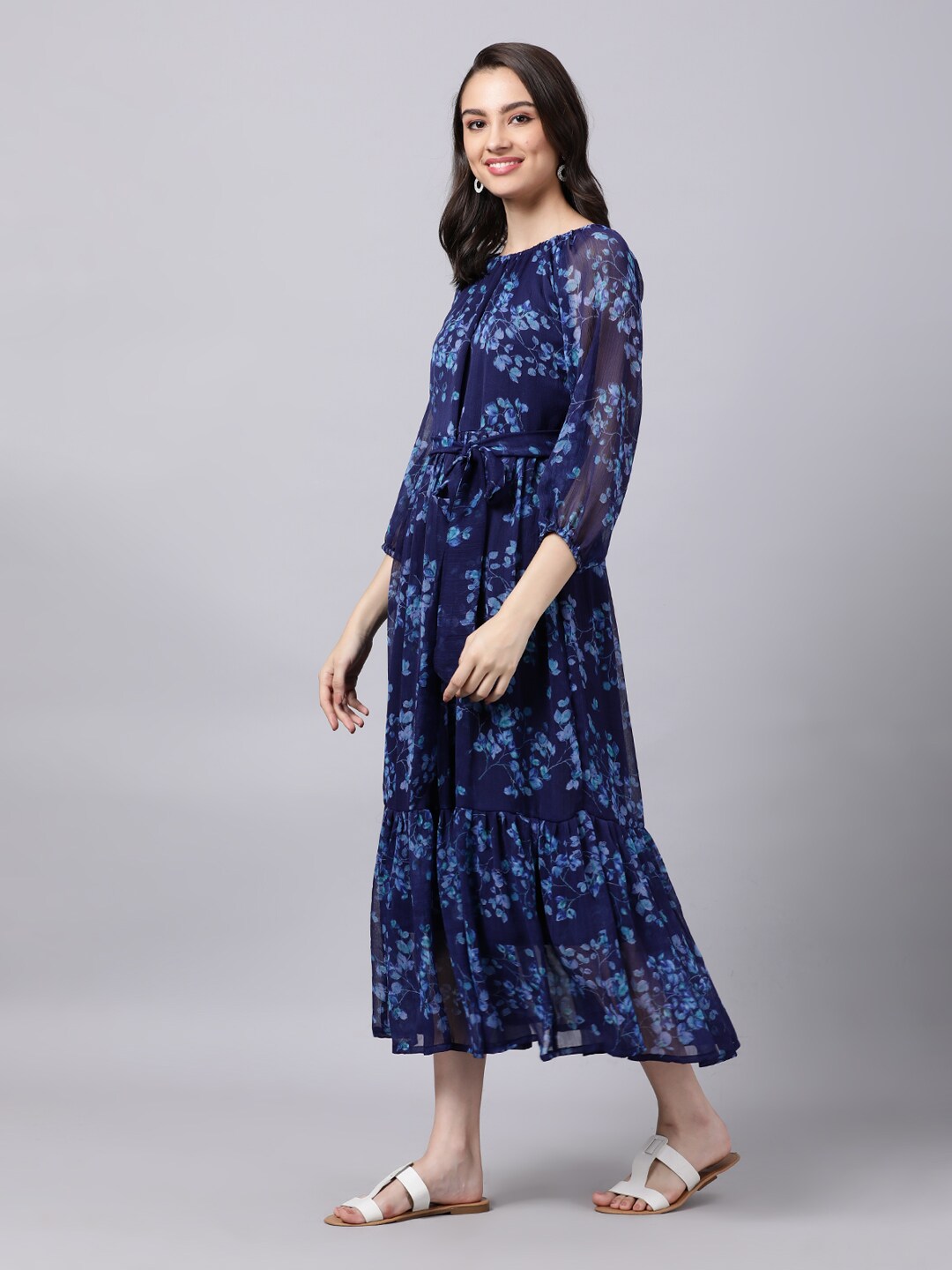 Souchii Navy Blue Floral Layered Chiffon A-Line Midi Dress - Distacart