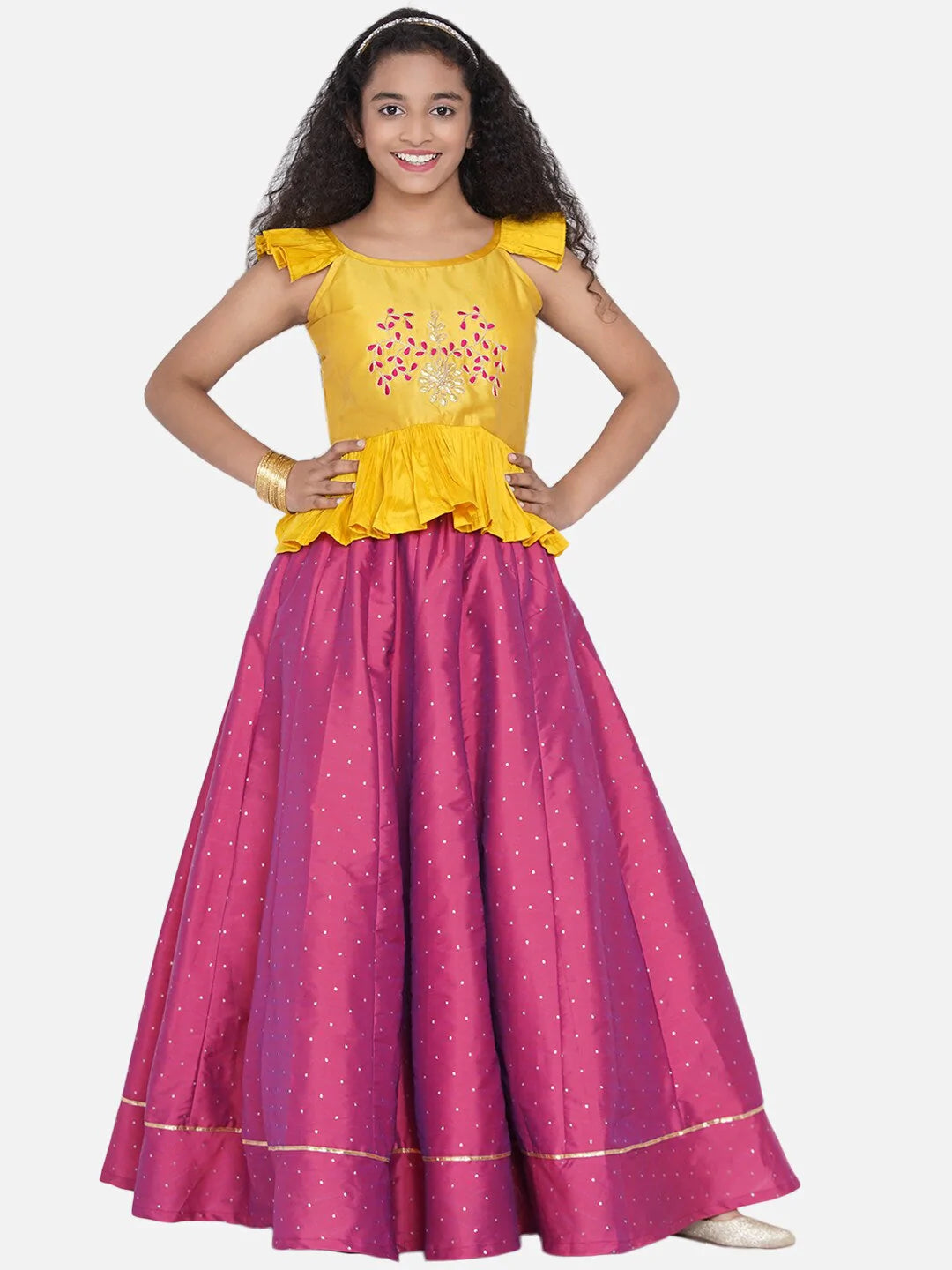 NOZ2TOZ Mustard & Fuchsia Embroidered Ready to Wear Lehenga For Girls - Distacart