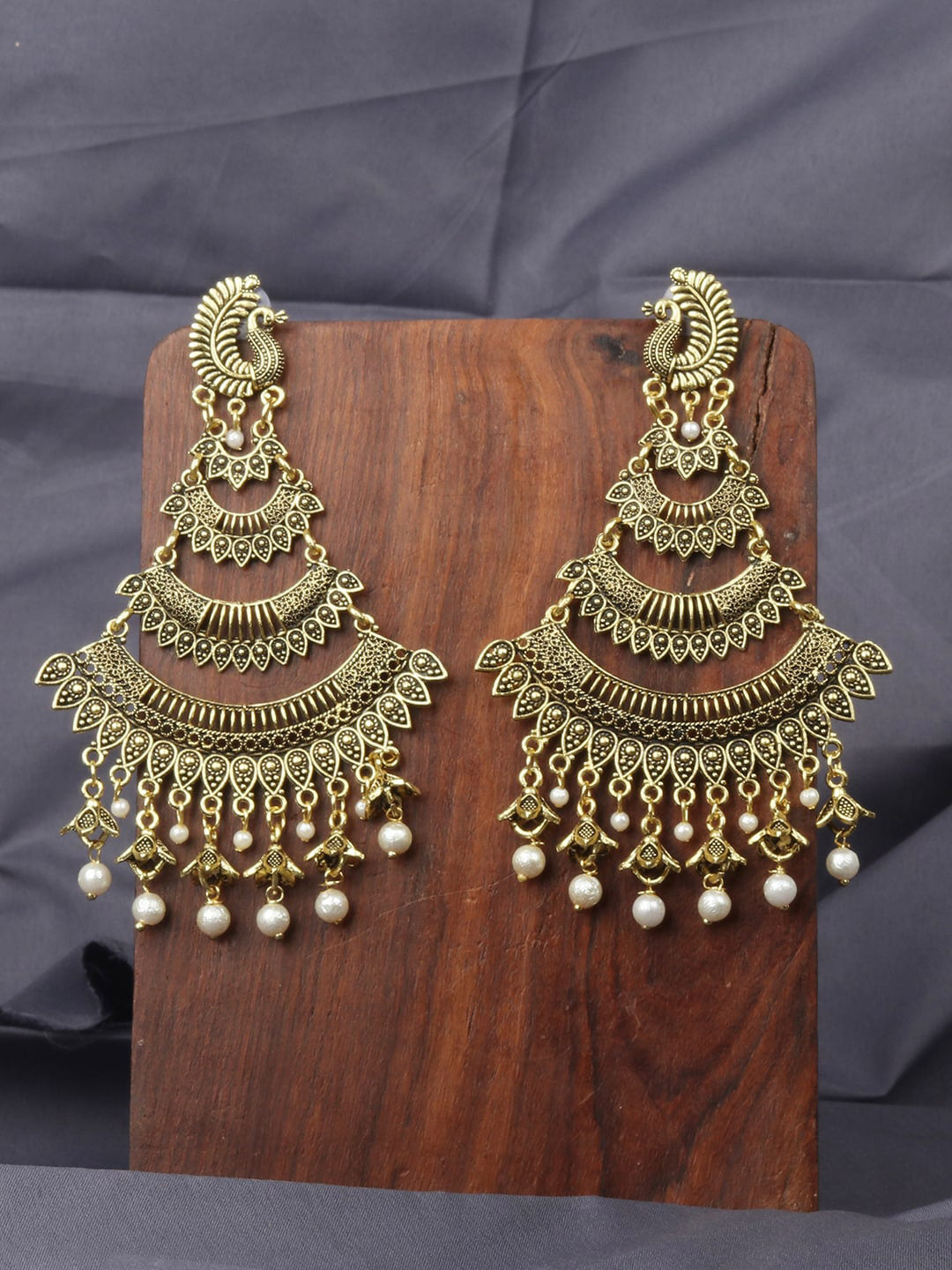 Anikas Creation Gold-Toned & White Peacock Shaped Chandbalis Earrings - Distacart