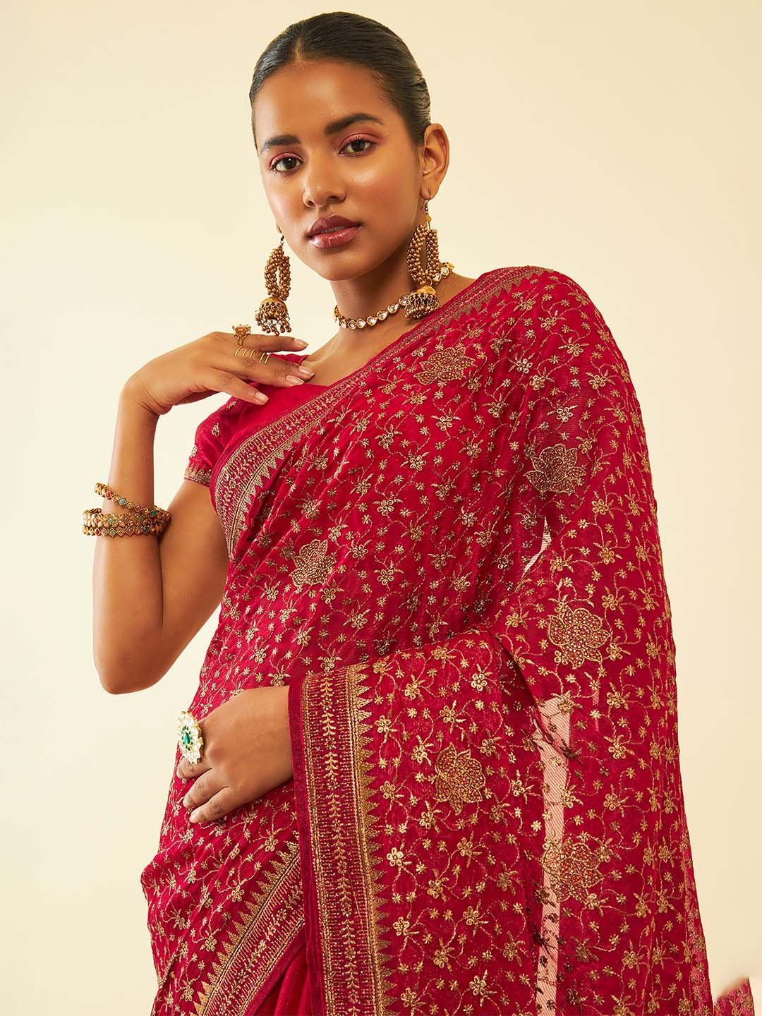 Soch Pink Floral Embroidered Zari Pure Chiffon Saree - Distacart