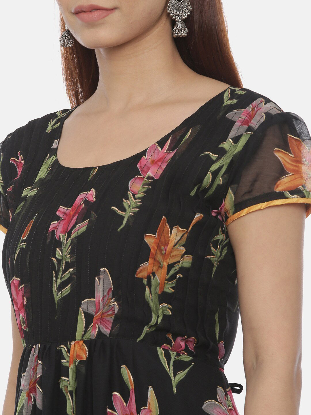 Souchii Round Neck Floral Printed Chiffon Maxi Dress - Distacart