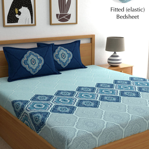 Dreamscape Blue Ethnic Motifs 140 TC Fitted Cotton King Bedsheet & Pillow Covers - Distacart