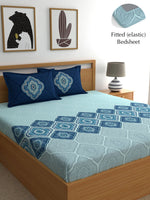 Thumbnail for Dreamscape Blue Ethnic Motifs 140 TC Fitted Cotton King Bedsheet & Pillow Covers - Distacart