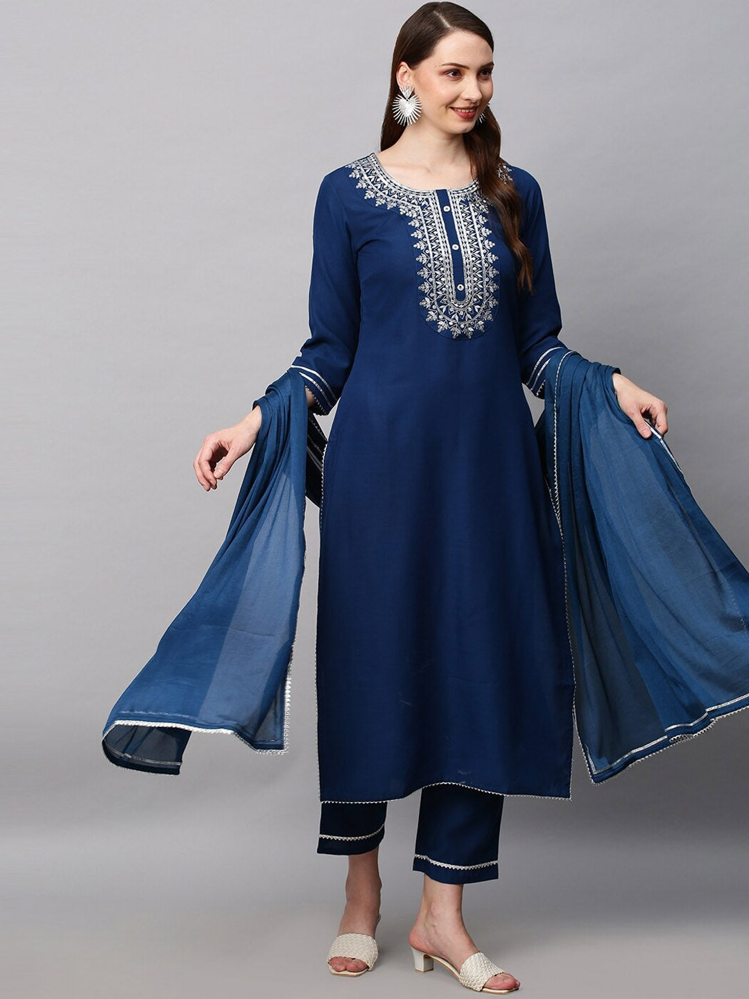 Kalini Women Navy Blue Floral Embroidered Kurta with Trousers & With Dupatta - Distacart
