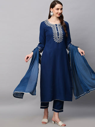 Kalini Women Navy Blue Floral Embroidered Kurta with Trousers & With Dupatta - Distacart