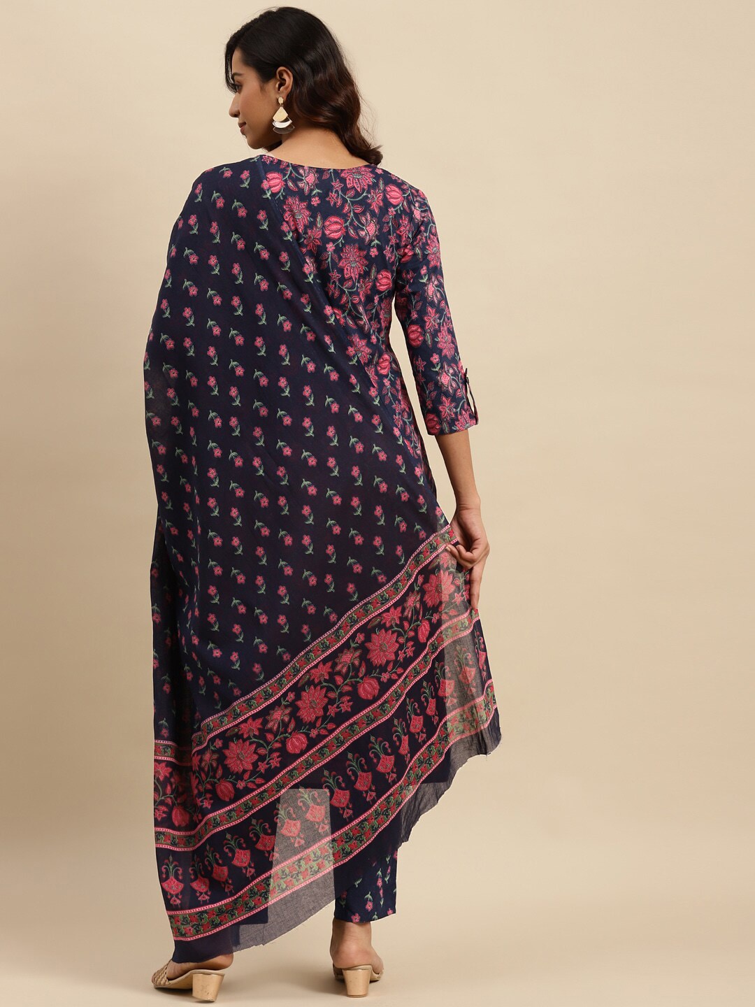 Sangria Navy Blue Floral Printed Beads and Stones Pure Cotton Kurta With Trouser & Dupatta - Distacart