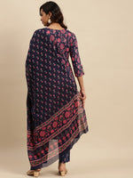 Thumbnail for Sangria Navy Blue Floral Printed Beads and Stones Pure Cotton Kurta With Trouser & Dupatta - Distacart