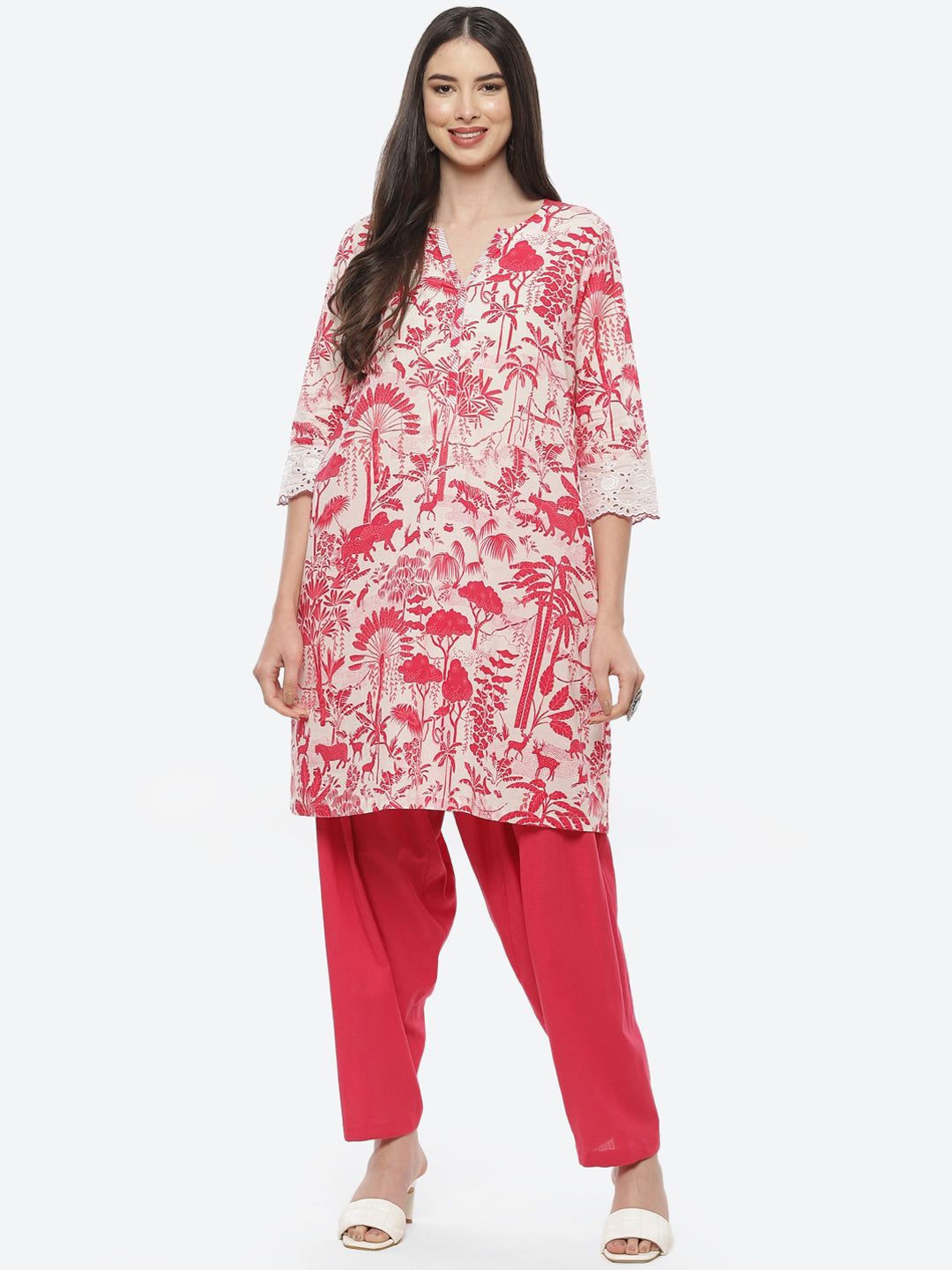 Biba Women Fuchsia Floral Printed Pure Cotton Kurti with Patiala - Distacart