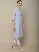 Thumbnail for Sangria Women Lavender Geometric Printed Flared Sleeves Thread Work Kurta - Distacart