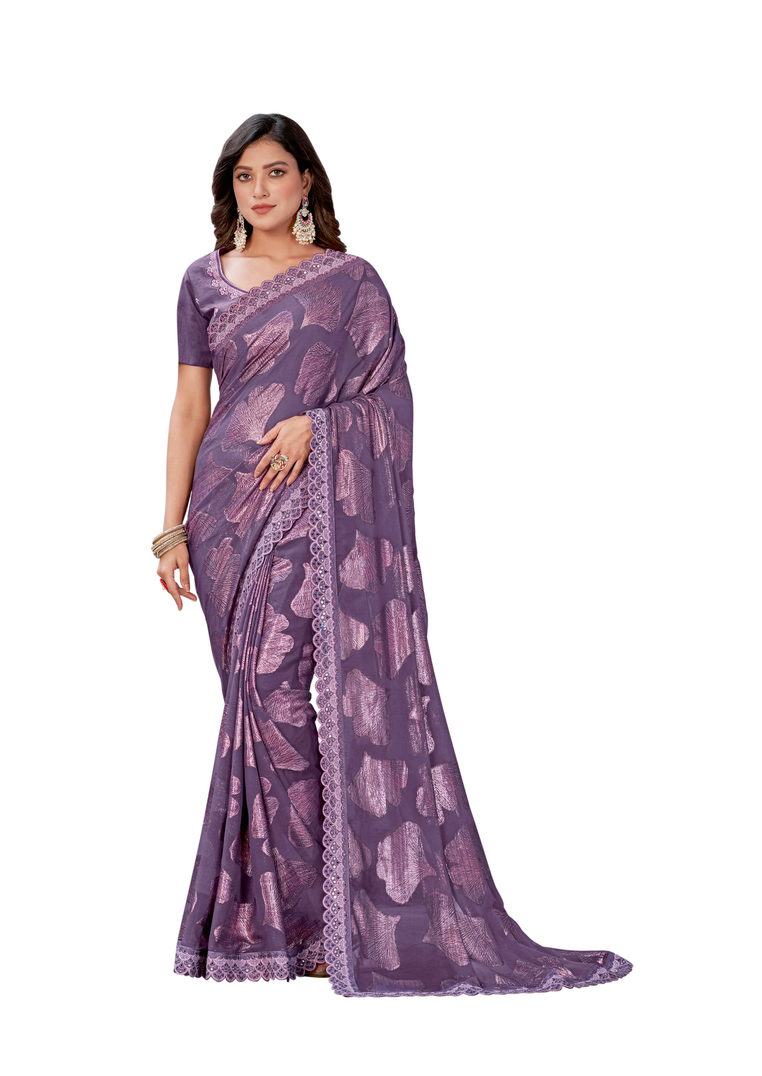 Purple Georgette Zari Jacquard Embroidered Border With Mirror Work Saree With Unstitched Blouse Piece - Norita Zaina - Distacart