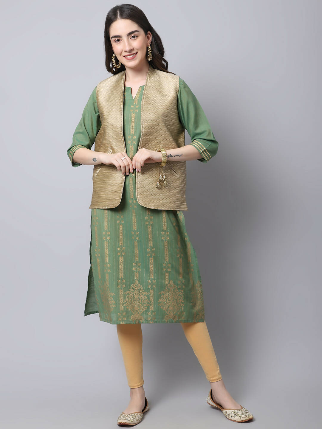 Even Apparels Beige Bansari Silk Open Front Gillet - Distacart