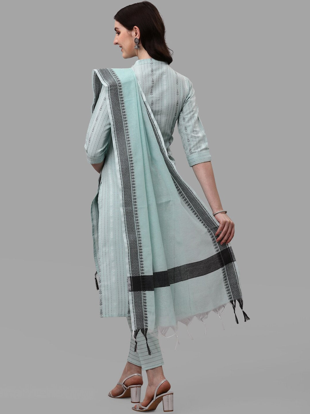 HERE&NOW Turquoise Blue Striped Regular Pure Cotton Kurta With Trousers & Dupatta - Distacart