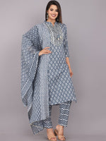 Thumbnail for Kalini Floral Printed Mirror Work Detail Pure Cotton Kurta with Trousers & Dupatta - Distacart