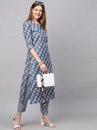 Kalini Women Blue Printed Straight Kurta with Trousers - Distacart