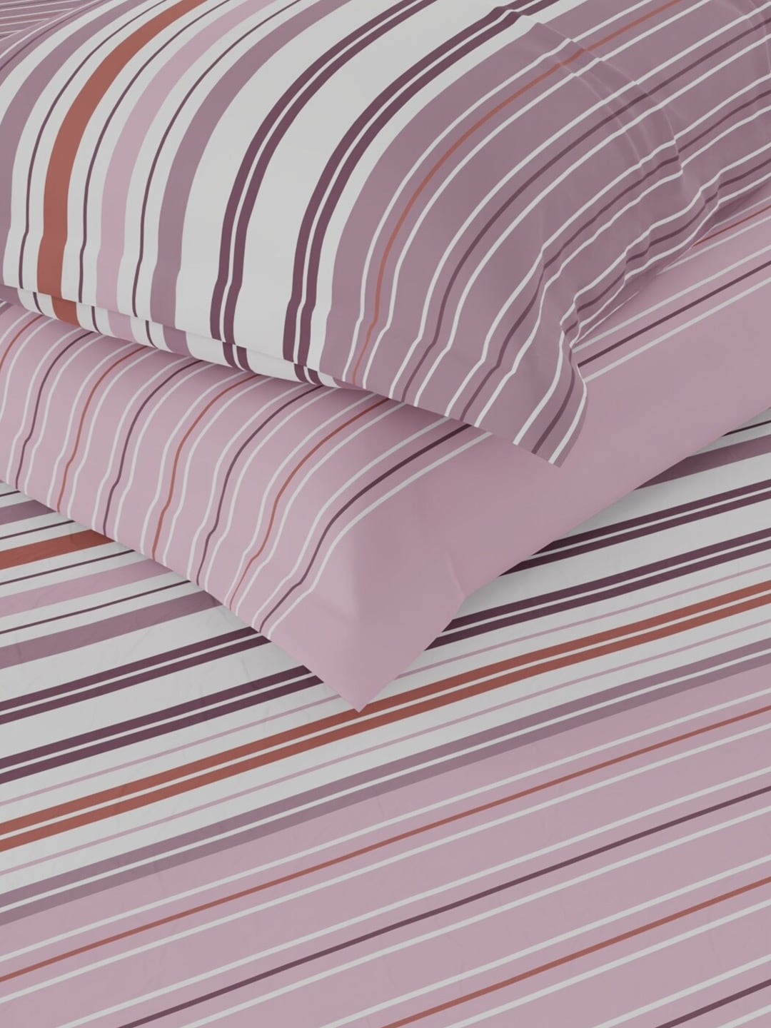 Nautica Bradford Pink & White Striped Cotton 160 TC King Bedsheet with 2 Pillow Covers - Distacart