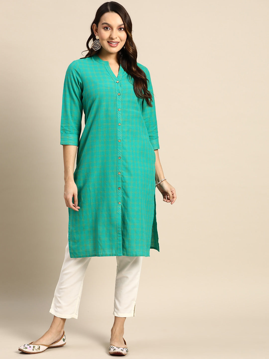 Sangria Checked Mandarin Collar Pure Cotton Kurta - Distacart