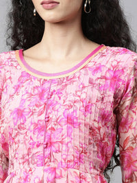 Thumbnail for Souchii Pink & peaches n cream Floral Layered Chiffon Midi Dress - Distacart