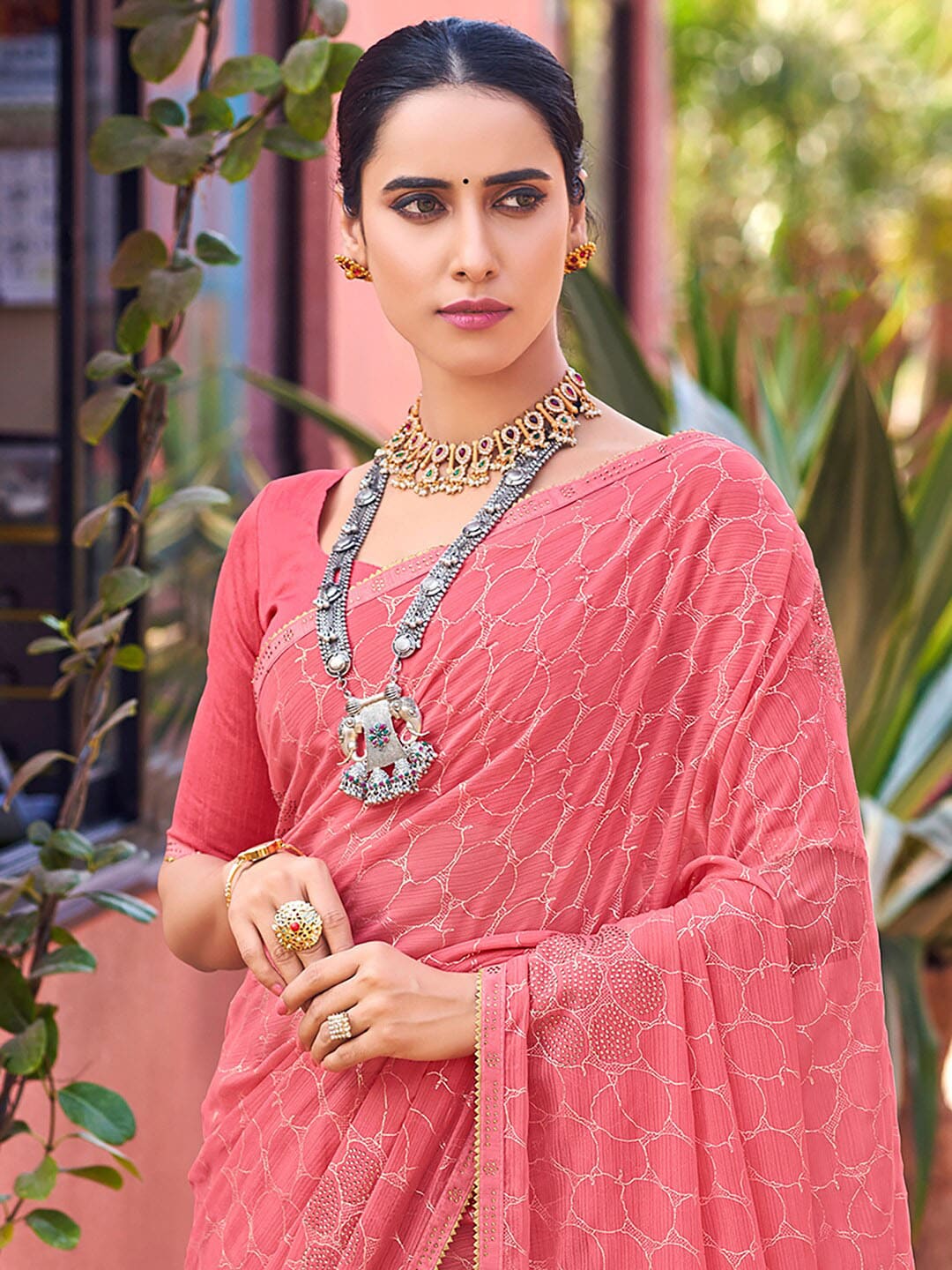 Saree Mall Abstract Printed Beads And Stones Pure Georgette Sarees - Distacart