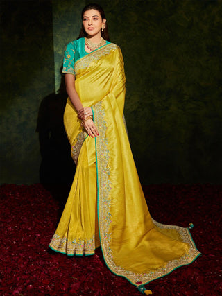 Mitera Yellow & Blue Woven Design Beads and Stones Saree - Distacart