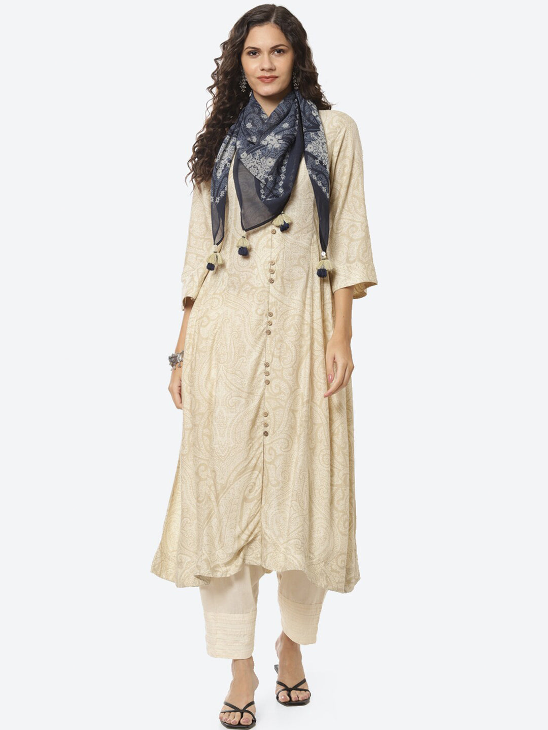 Biba Women Off White Ethnic Motifs Printed Pastels Anarkali Kurta with Scarf - Distacart