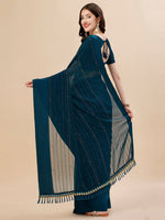 Thumbnail for Mitera Teal & Black Striped Beads & Stone Work Pure Chiffon Saree - Distacart