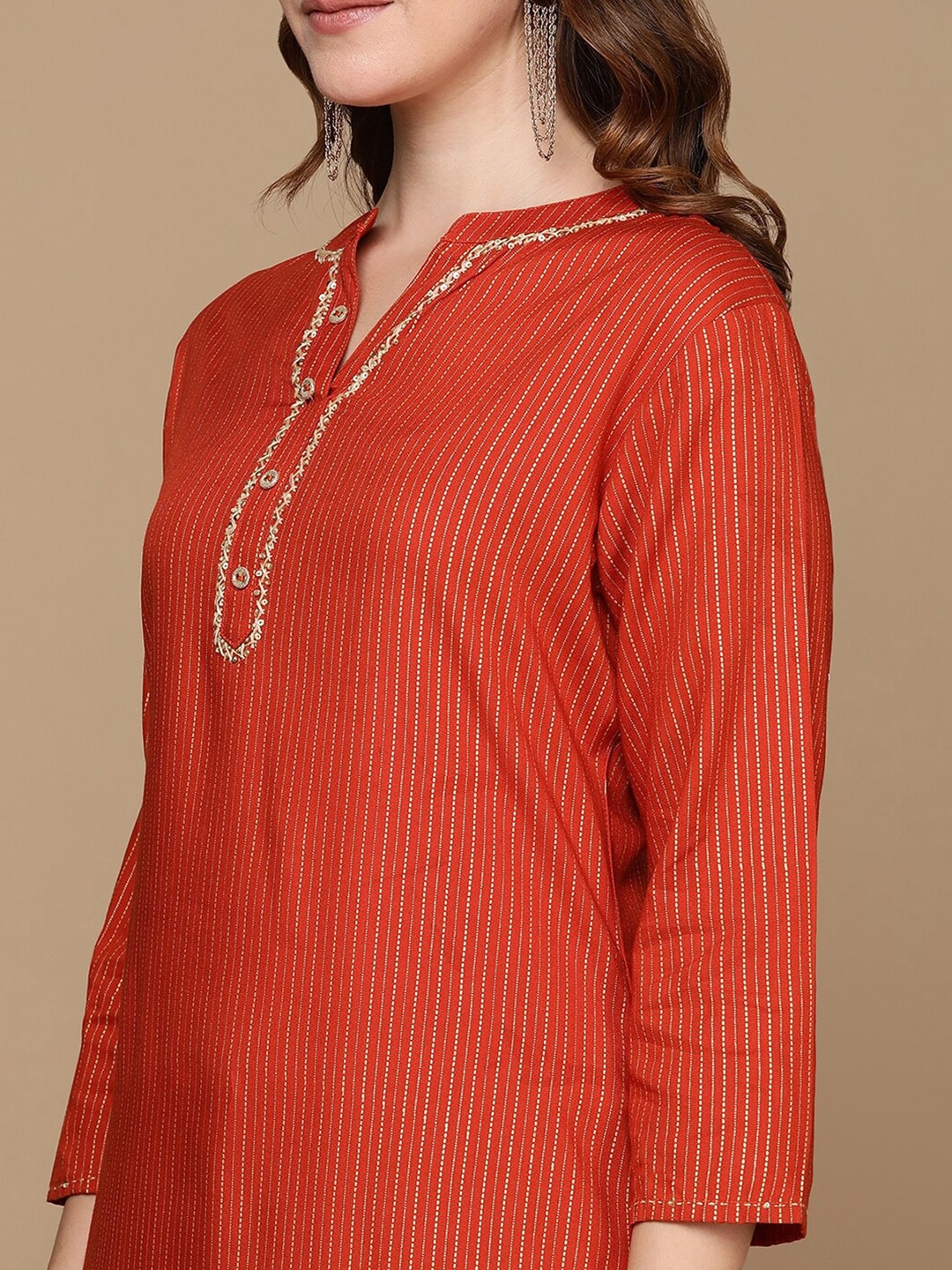 HERE&NOW Orange & Gold-Toned Mandarin Collar Striped Sequined Straight Kurta - Distacart
