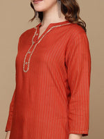 Thumbnail for HERE&NOW Orange & Gold-Toned Mandarin Collar Striped Sequined Straight Kurta - Distacart