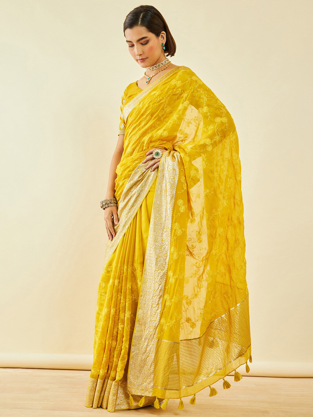 Soch Yellow & Gold-Toned Floral Embroidered Zari Organza Saree - Distacart
