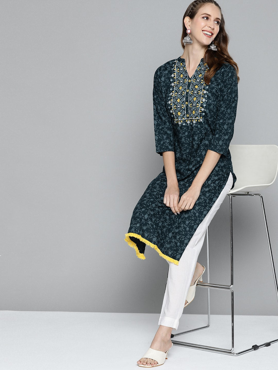 HERE&NOW Women Teal Blue Ethnic Motifs Printed Straight Kurta - Distacart