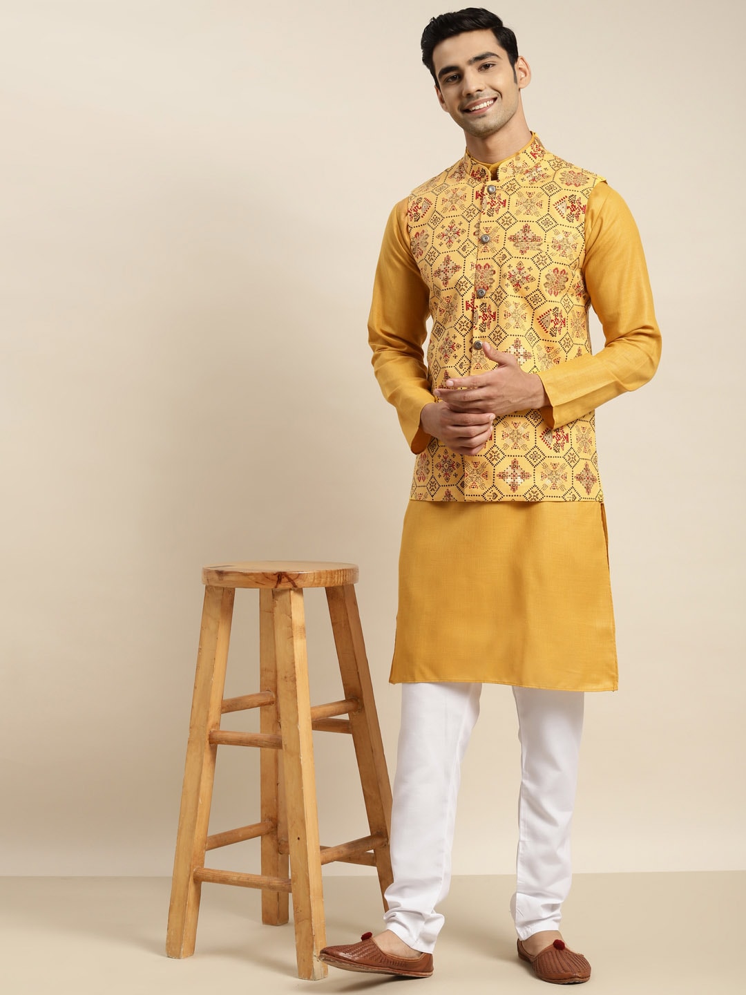 Sojanya Men Mustard Yellow Pure Cotton Kurta with Churidar & Nehru Jacket - Distacart