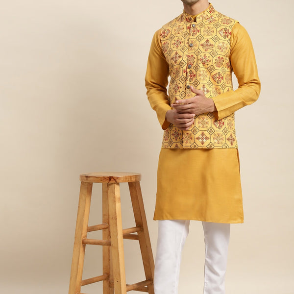 Sojanya Men Mustard Yellow Pure Cotton Kurta with Churidar & Nehru Jacket - Distacart