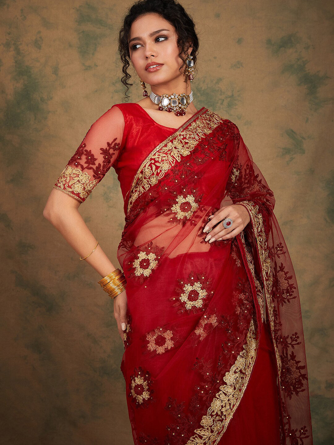 Sangria Floral Embroidered Net Sarees - Distacart