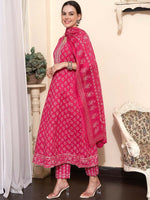 Thumbnail for Sangria Printed & Embroidered Pure Cotton A-Line Kurta With Trouser & Dupatta - Distacart