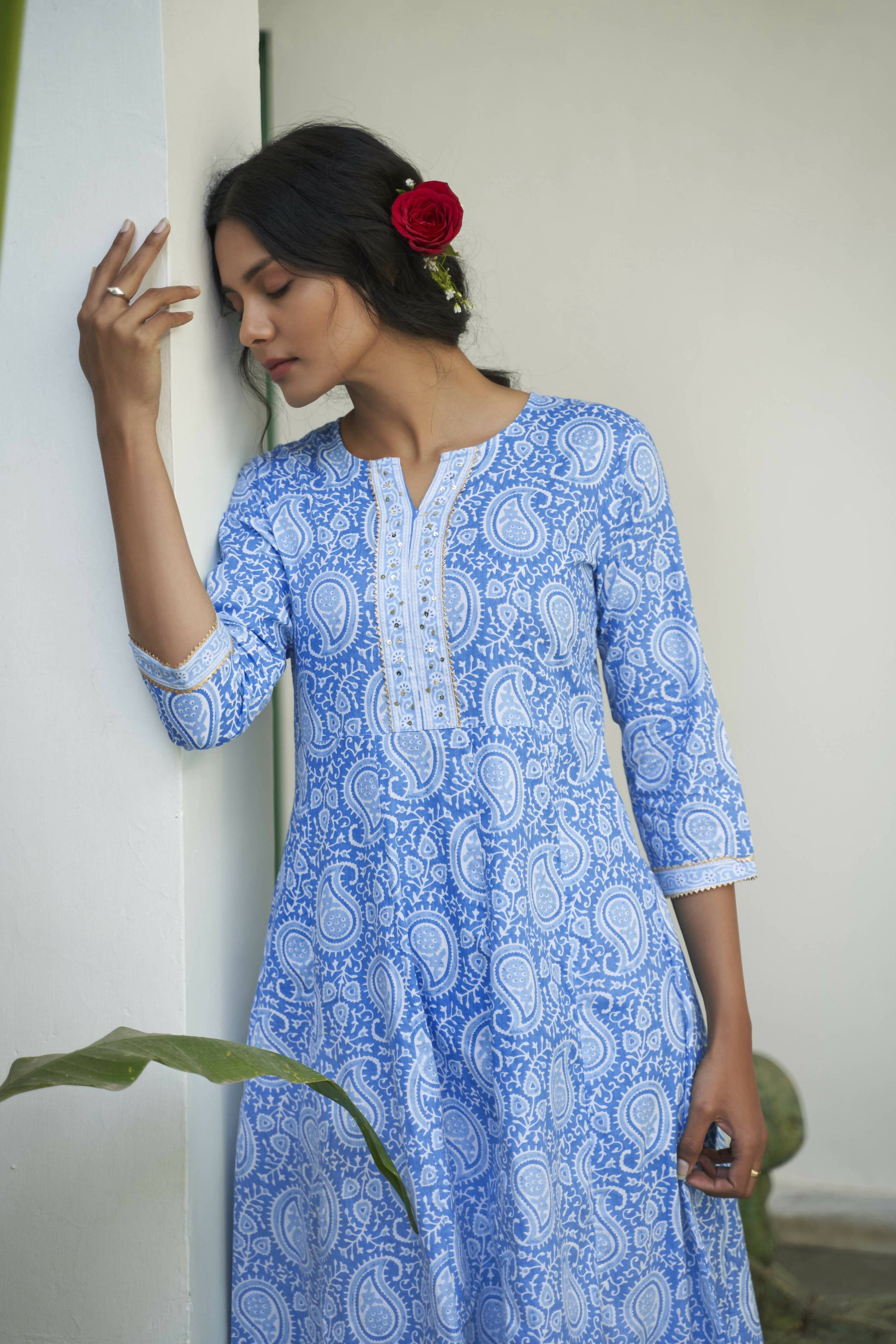 Blue Cotton Paisley Printed A line Kurta - Prasuti - Distacart