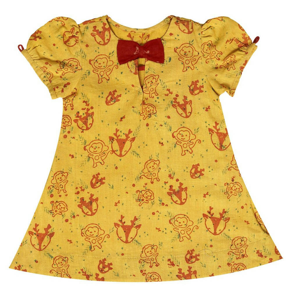 Mhyssa Puffed Sleeves A line Yellow and Red Printed Frock - Distacart