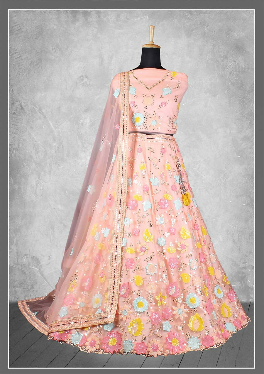 Peach Net, Satin Silk Cord And Sequins Floral Embroidery Semi-Stitched Lehenga Choli - Nimaya Kangan - Distacart