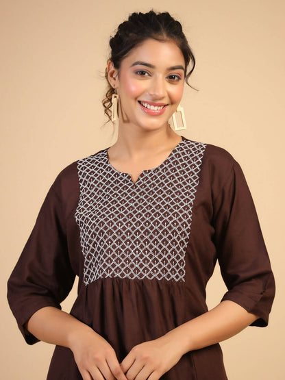 Womens Brown Rayon Yoke Embroidered Top - Keeva - Distacart