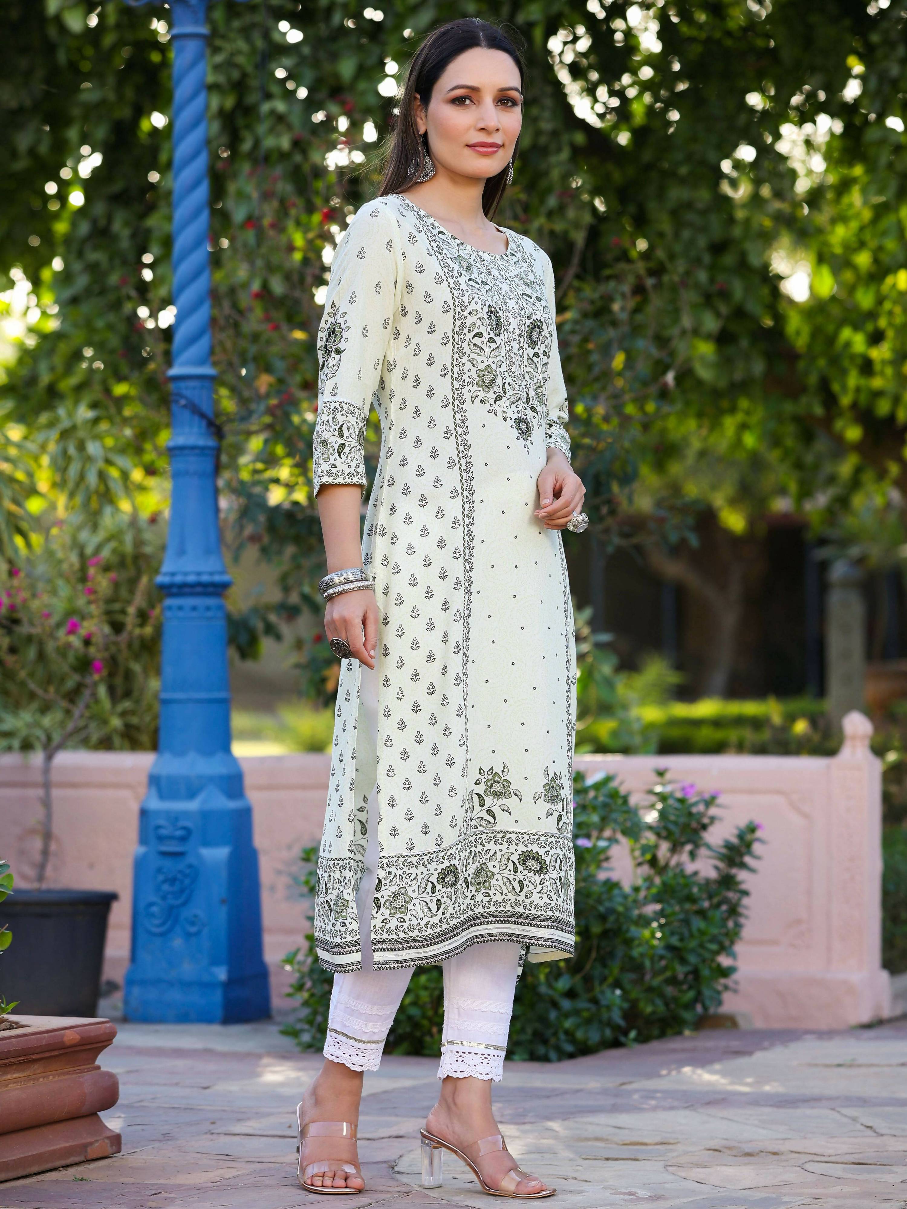 Juniper Women's Green Rayon Staple Kalamkari Floral Placement Printed Kurta - Distacart