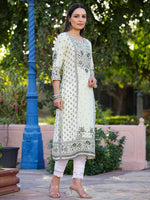 Thumbnail for Juniper Women's Green Rayon Staple Kalamkari Floral Placement Printed Kurta - Distacart