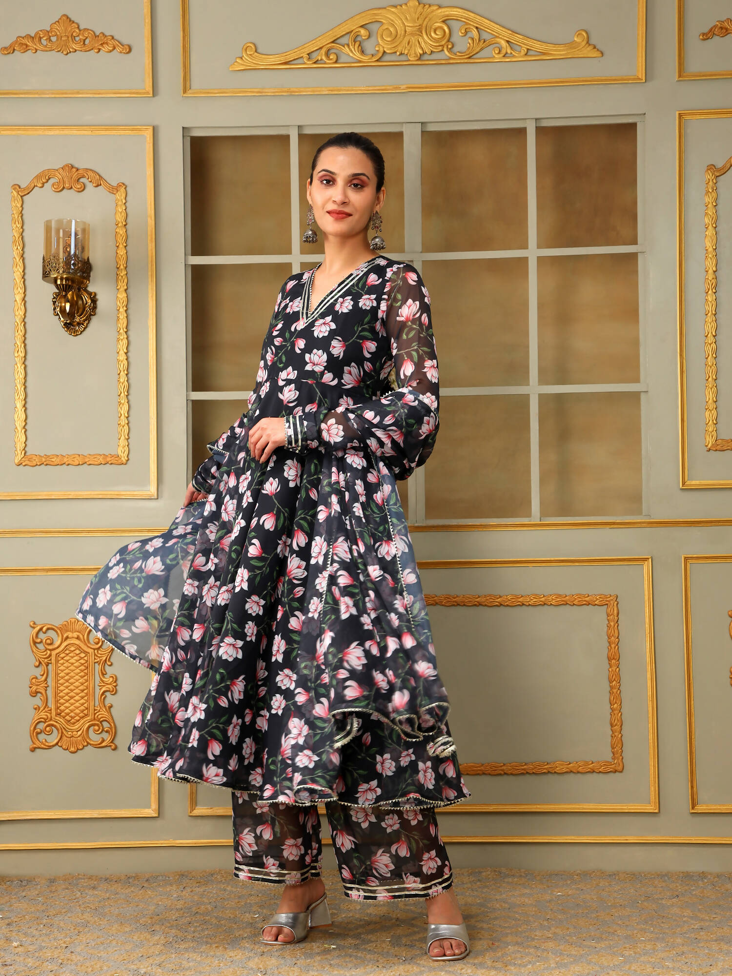 Pomcha Jaipur Black Saadgi Pink Lotus Anarkali Set - Distacart