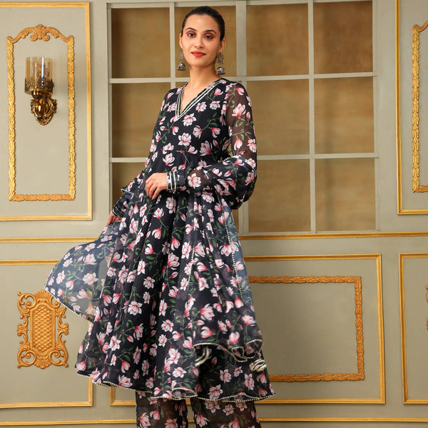 Pomcha Jaipur Black Saadgi Pink Lotus Anarkali Set - Distacart