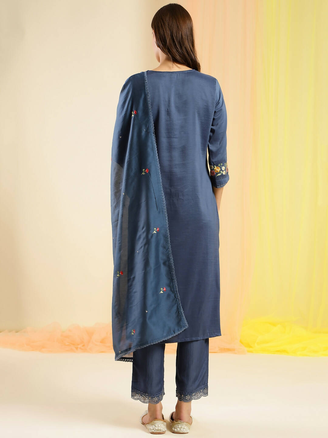 Blue Chinon Embroidered Straight Kurta with Trouser & Dupatta - Salimar - Distacart