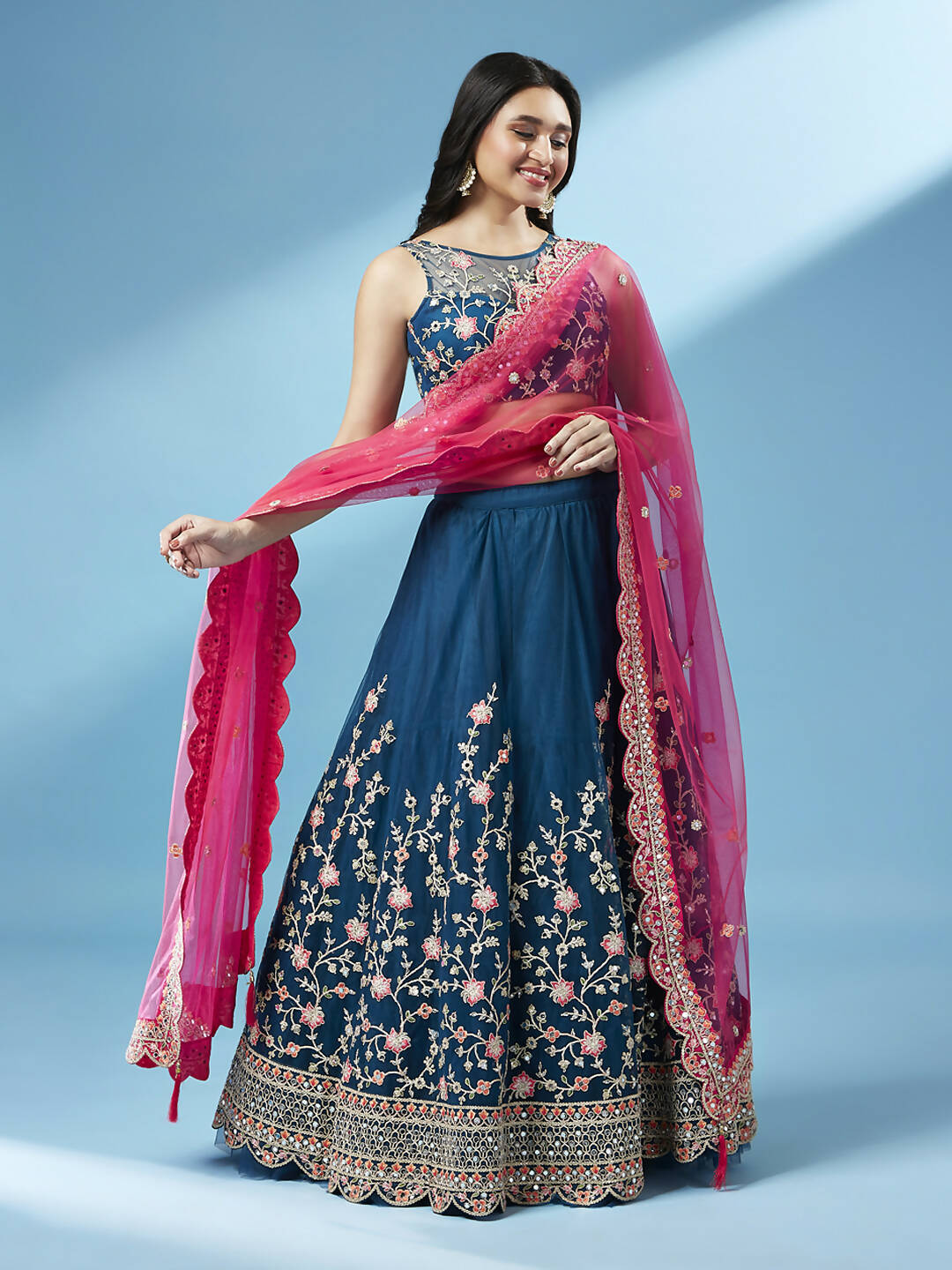 House of Panchhi Teal Net Semi stitched Coding and Mirror Work Lehenga Choli - Distacart
