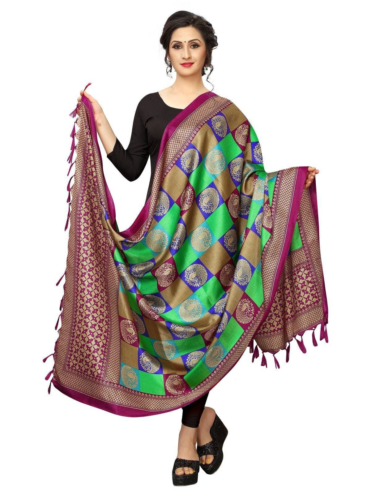 Vamika Traditional Wear Green Printed Khadi Bhagalpuri Dupatta