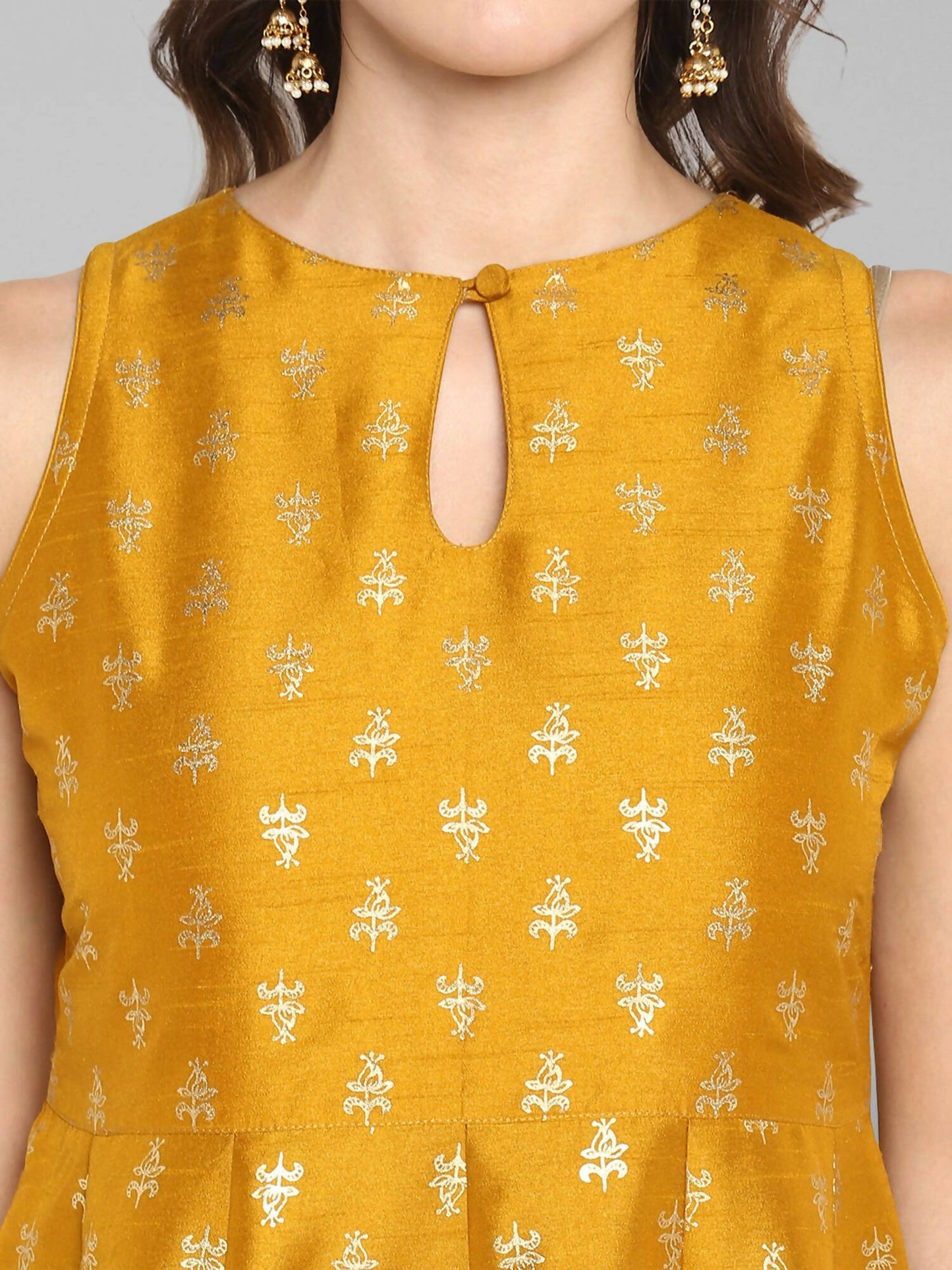 Janasya Women's Mustard Rayon Foil Print Kurti With Palazzo - Distacart