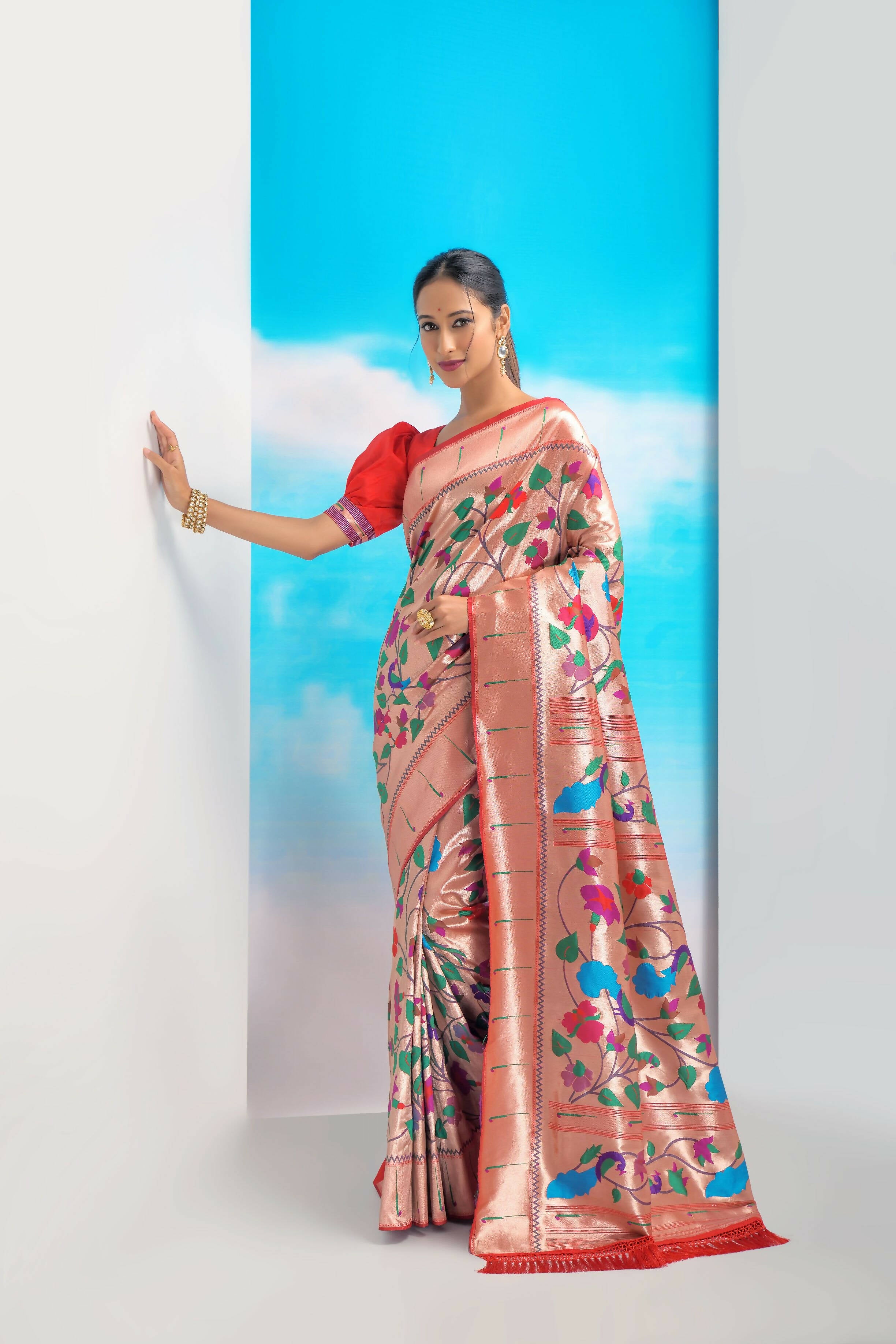 Vishnu Weaves Women's Red Paithani Silk Minakari Zari Woven Saree with Unstitched Blouse - Distacart