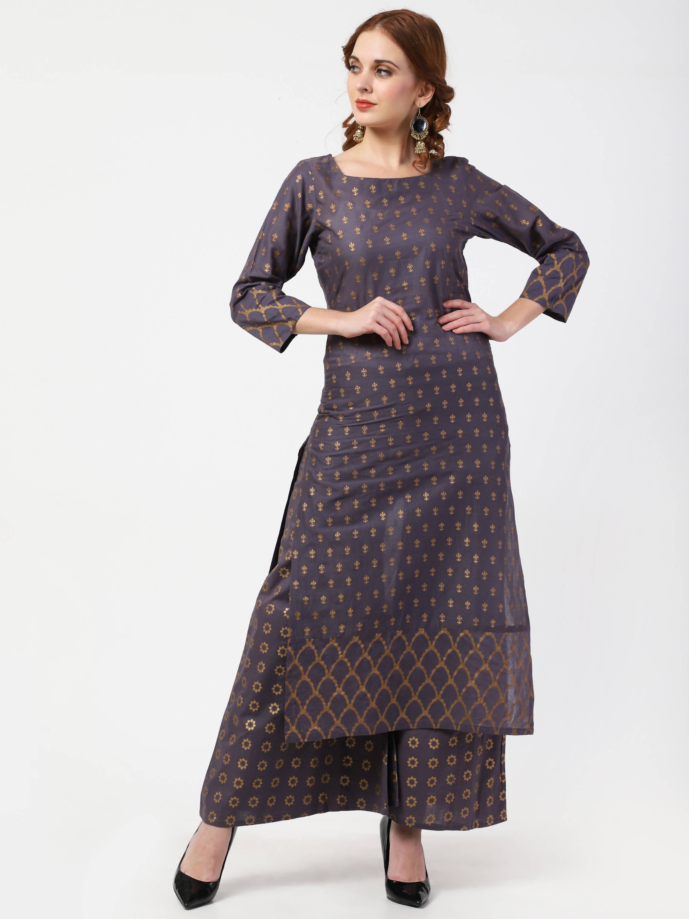 Cheera Printed Gray Kurta Palazzo Set (CH103KP) - Distacart