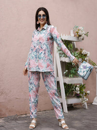 Thumbnail for Blue & Pink Rayon Floral Printed Top with Matching Bottom - Eesha - Distacart