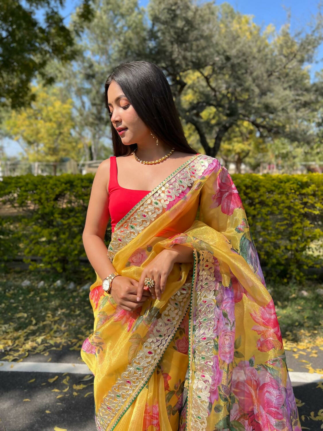 Vamsee Yellow Organza Saree - Distacart